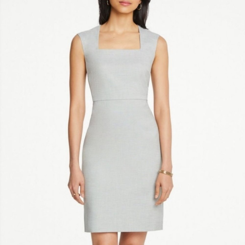 Ann Taylor Factory Gray Crosshatch Square Neck Sheath Dress 6 - Picture 2 of 9